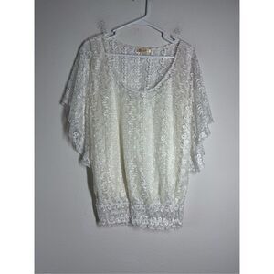 Lavish Plus Bohemian Lacy Blouse Elastic Waist Flowy Sleeves Lined Size 1X White